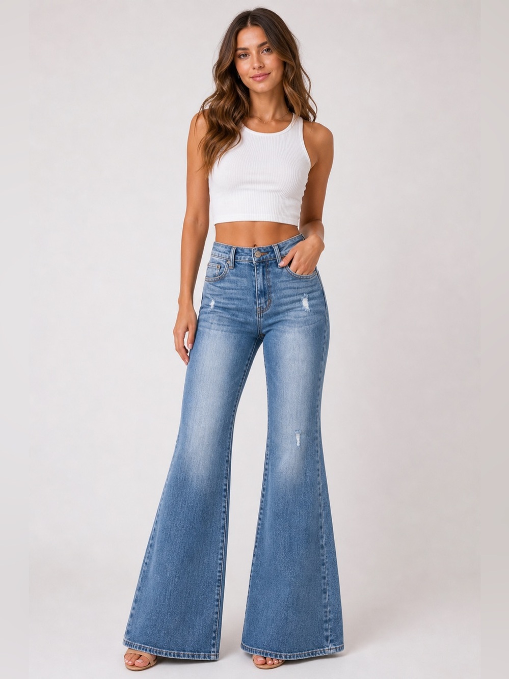 Vibrant M.I.U‎ Distressed High Rise Flare Denim Jean Light Wash Size 7 W27 NEW
